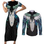 Aotearoa Korowai Motif Couples Matching Short Sleeve Bodycon Dress and Long Sleeve Button Shirt Maori Tane Poutama