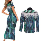 Aotearoa Korowai Motif Couples Matching Short Sleeve Bodycon Dress and Long Sleeve Button Shirt Maori Tane Poutama