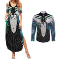 Aotearoa Korowai Motif Couples Matching Summer Maxi Dress and Long Sleeve Button Shirt Maori Tane Poutama