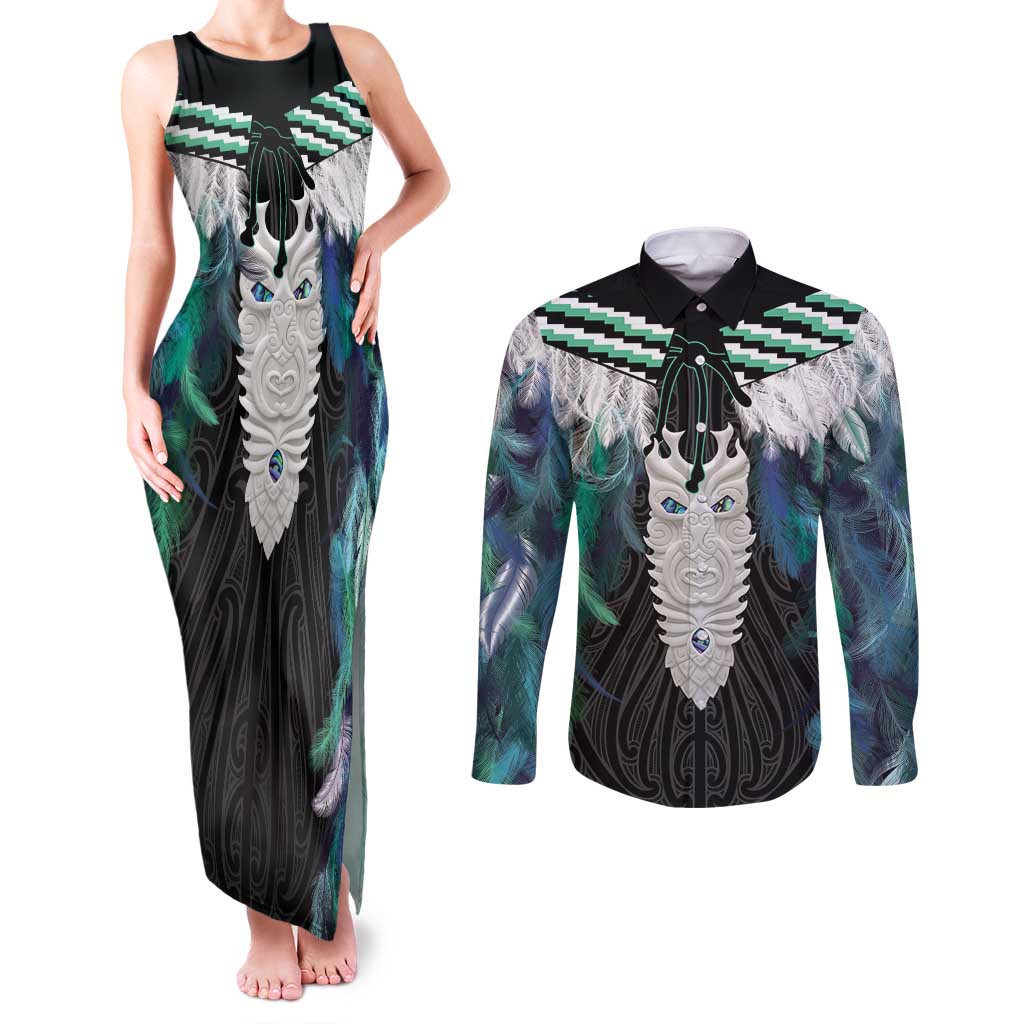 Aotearoa Korowai Motif Couples Matching Tank Maxi Dress and Long Sleeve Button Shirt Maori Tane Poutama