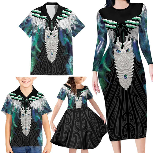 Aotearoa Korowai Motif Family Matching Long Sleeve Bodycon Dress and Hawaiian Shirt Maori Tane Poutama