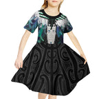 Aotearoa Korowai Motif Kid Short Sleeve Dress Maori Tane Poutama