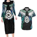 Aotearoa Korowai Motif Couples Matching Long Sleeve Bodycon Dress and Hawaiian Shirt Maori Koru Poutama