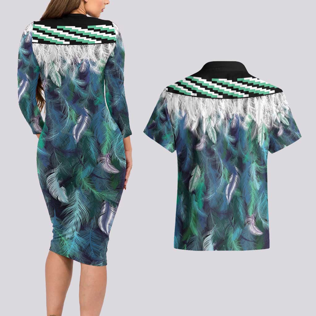 Aotearoa Korowai Motif Couples Matching Long Sleeve Bodycon Dress and Hawaiian Shirt Maori Koru Poutama