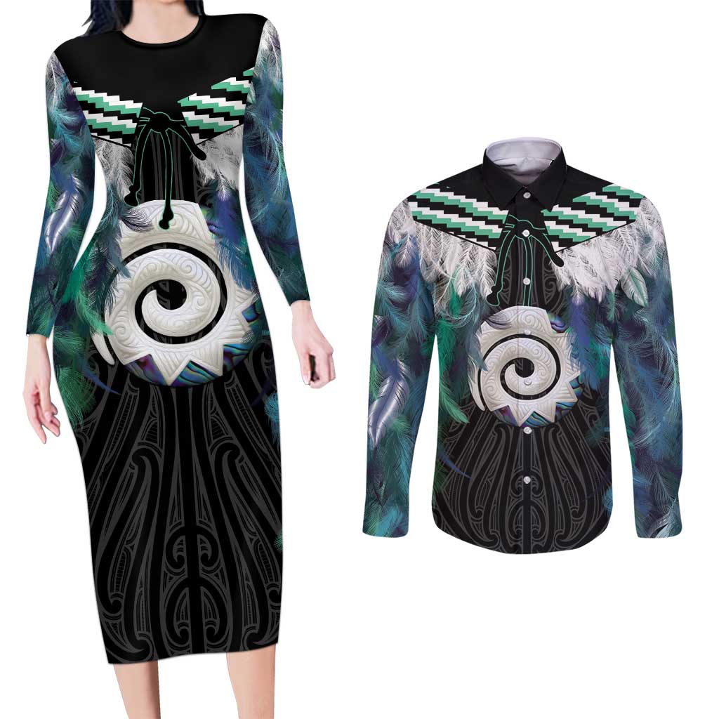 Aotearoa Korowai Motif Couples Matching Long Sleeve Bodycon Dress and Long Sleeve Button Shirt Maori Koru Poutama