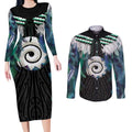 Aotearoa Korowai Motif Couples Matching Long Sleeve Bodycon Dress and Long Sleeve Button Shirt Maori Koru Poutama