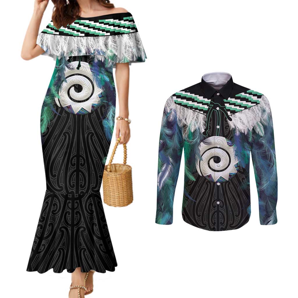 Aotearoa Korowai Motif Couples Matching Mermaid Dress and Long Sleeve Button Shirt Maori Koru Poutama