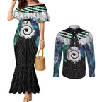 Aotearoa Korowai Motif Couples Matching Mermaid Dress and Long Sleeve Button Shirt Maori Koru Poutama