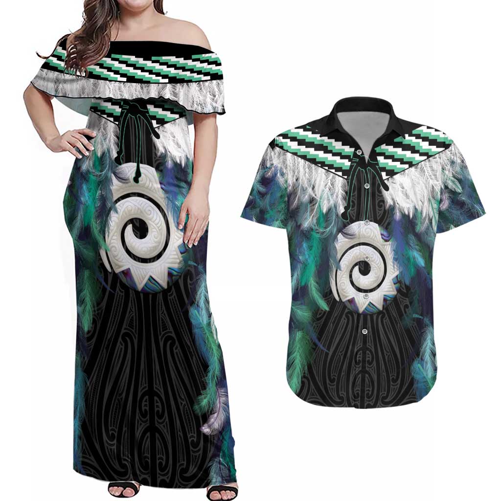 Aotearoa Korowai Motif Couples Matching Off Shoulder Maxi Dress and Hawaiian Shirt Maori Koru Poutama