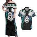 Aotearoa Korowai Motif Couples Matching Off Shoulder Maxi Dress and Hawaiian Shirt Maori Koru Poutama