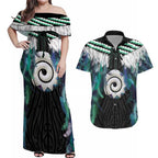 Aotearoa Korowai Motif Couples Matching Off Shoulder Maxi Dress and Hawaiian Shirt Maori Koru Poutama