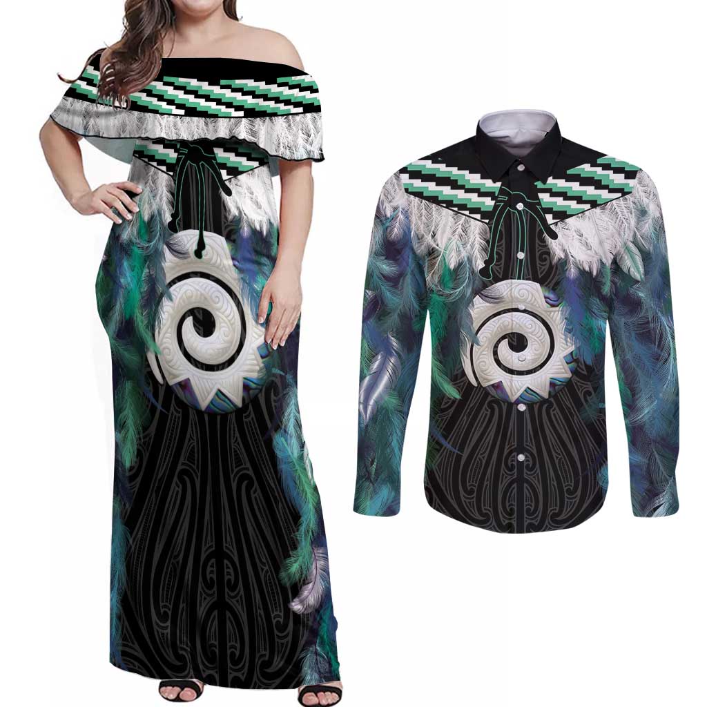 Aotearoa Korowai Motif Couples Matching Off Shoulder Maxi Dress and Long Sleeve Button Shirt Maori Koru Poutama