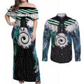 Aotearoa Korowai Motif Couples Matching Off Shoulder Maxi Dress and Long Sleeve Button Shirt Maori Koru Poutama