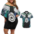Aotearoa Korowai Motif Couples Matching Off Shoulder Short Dress and Hawaiian Shirt Maori Koru Poutama