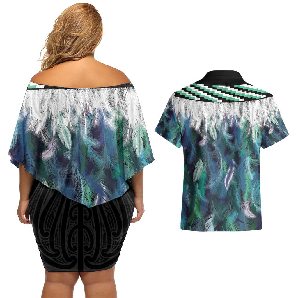 Aotearoa Korowai Motif Couples Matching Off Shoulder Short Dress and Hawaiian Shirt Maori Koru Poutama