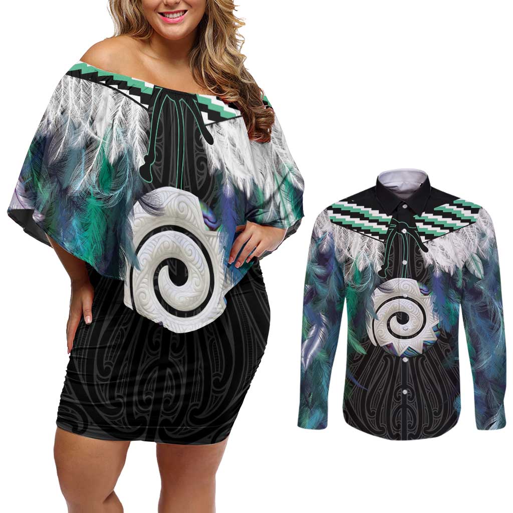 Aotearoa Korowai Motif Couples Matching Off Shoulder Short Dress and Long Sleeve Button Shirt Maori Koru Poutama