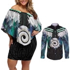 Aotearoa Korowai Motif Couples Matching Off Shoulder Short Dress and Long Sleeve Button Shirt Maori Koru Poutama