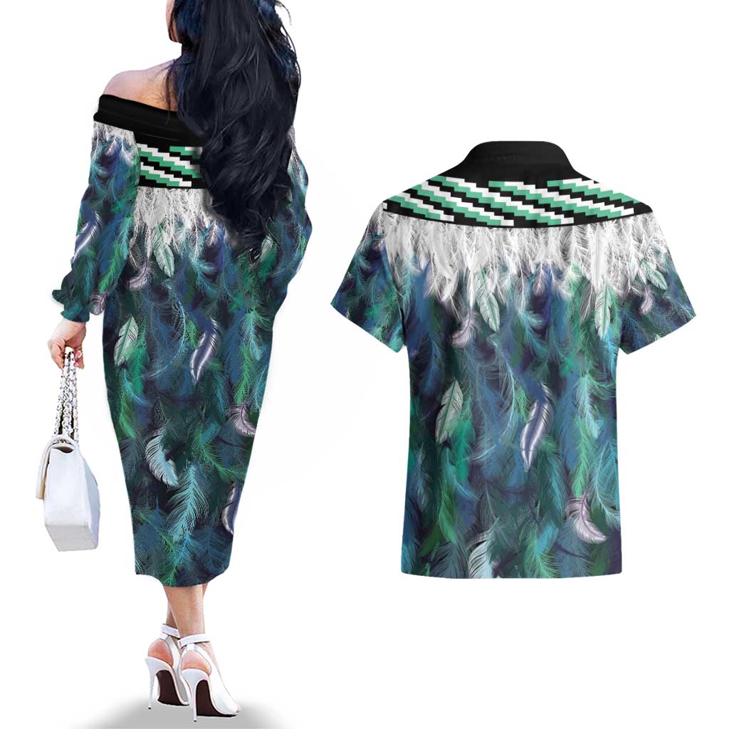 Aotearoa Korowai Motif Couples Matching Off The Shoulder Long Sleeve Dress and Hawaiian Shirt Maori Koru Poutama