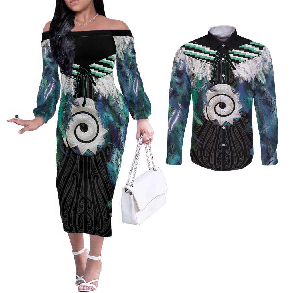 Aotearoa Korowai Motif Couples Matching Off The Shoulder Long Sleeve Dress and Long Sleeve Button Shirt Maori Koru Poutama