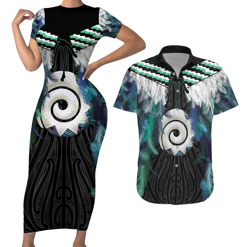 Aotearoa Korowai Motif Couples Matching Short Sleeve Bodycon Dress and Hawaiian Shirt Maori Koru Poutama