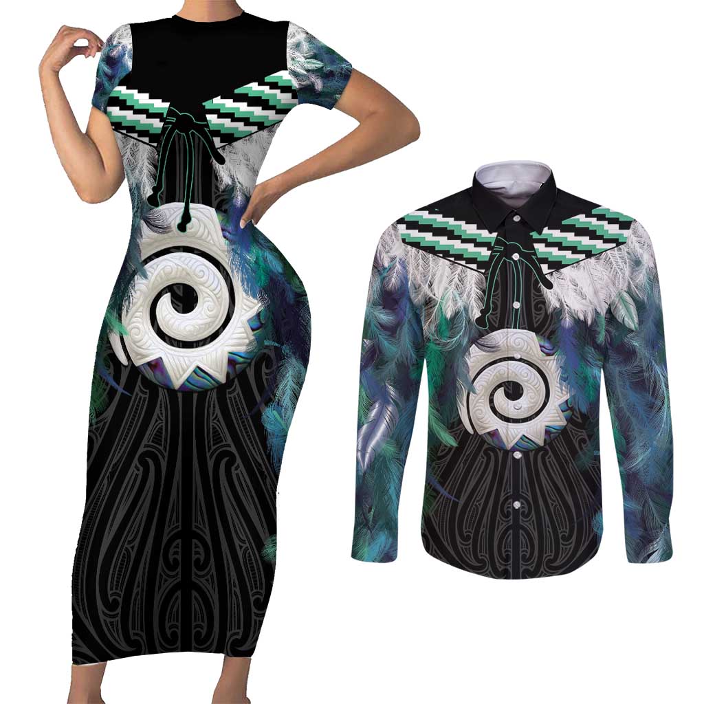 Aotearoa Korowai Motif Couples Matching Short Sleeve Bodycon Dress and Long Sleeve Button Shirt Maori Koru Poutama