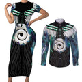 Aotearoa Korowai Motif Couples Matching Short Sleeve Bodycon Dress and Long Sleeve Button Shirt Maori Koru Poutama