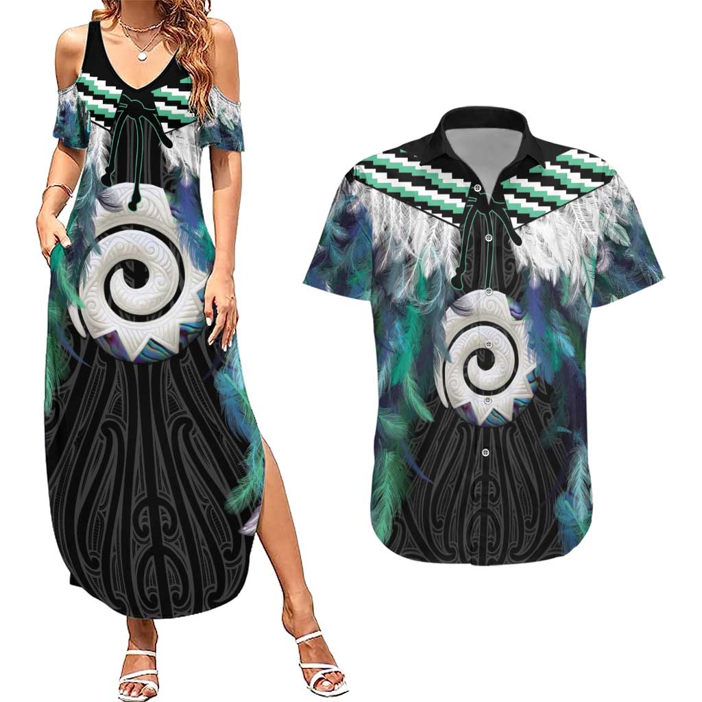 Aotearoa Korowai Motif Couples Matching Summer Maxi Dress and Hawaiian Shirt Maori Koru Poutama