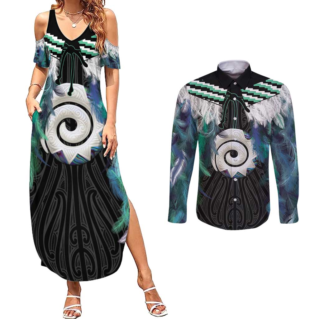 Aotearoa Korowai Motif Couples Matching Summer Maxi Dress and Long Sleeve Button Shirt Maori Koru Poutama