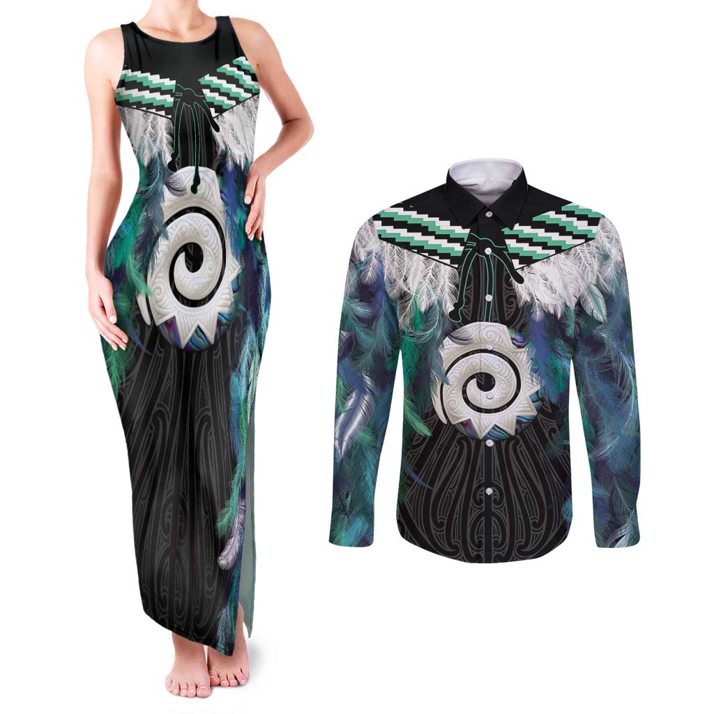 Aotearoa Korowai Motif Couples Matching Tank Maxi Dress and Long Sleeve Button Shirt Maori Koru Poutama