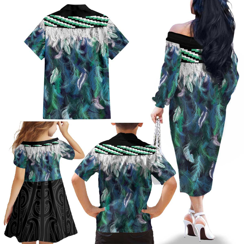 Aotearoa Korowai Motif Family Matching Off The Shoulder Long Sleeve Dress and Hawaiian Shirt Maori Koru Poutama