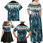 Aotearoa Korowai Motif Family Matching Off Shoulder Maxi Dress and Hawaiian Shirt Maori Koru Poutama