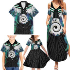 Aotearoa Korowai Motif Family Matching Summer Maxi Dress and Hawaiian Shirt Maori Koru Poutama