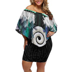 Aotearoa Korowai Motif Off Shoulder Short Dress Maori Koru Poutama