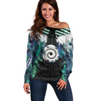 Aotearoa Korowai Motif Off Shoulder Sweater Maori Koru Poutama