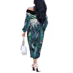 Aotearoa Korowai Motif Off The Shoulder Long Sleeve Dress Maori Koru Poutama