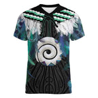 Aotearoa Korowai Motif Women V-Neck T-Shirt Maori Koru Poutama
