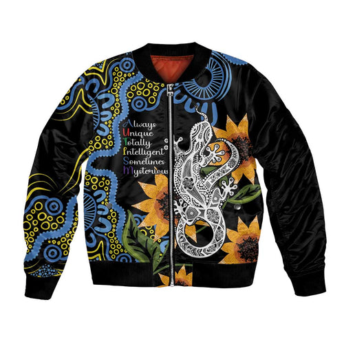 Australia Autism Awareness Bomber Jacket Brave Strong Aussie Lizard Aboriginal Art