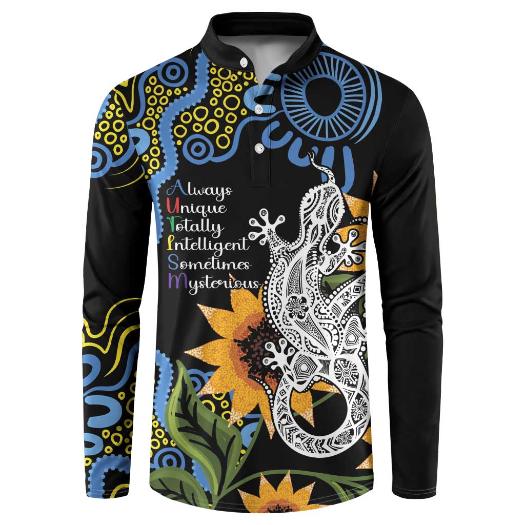 Australia Autism Awareness Button Sweatshirt Brave Strong Aussie Lizard Aboriginal Art