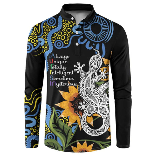 Australia Autism Awareness Button Sweatshirt Brave Strong Aussie Lizard Aboriginal Art