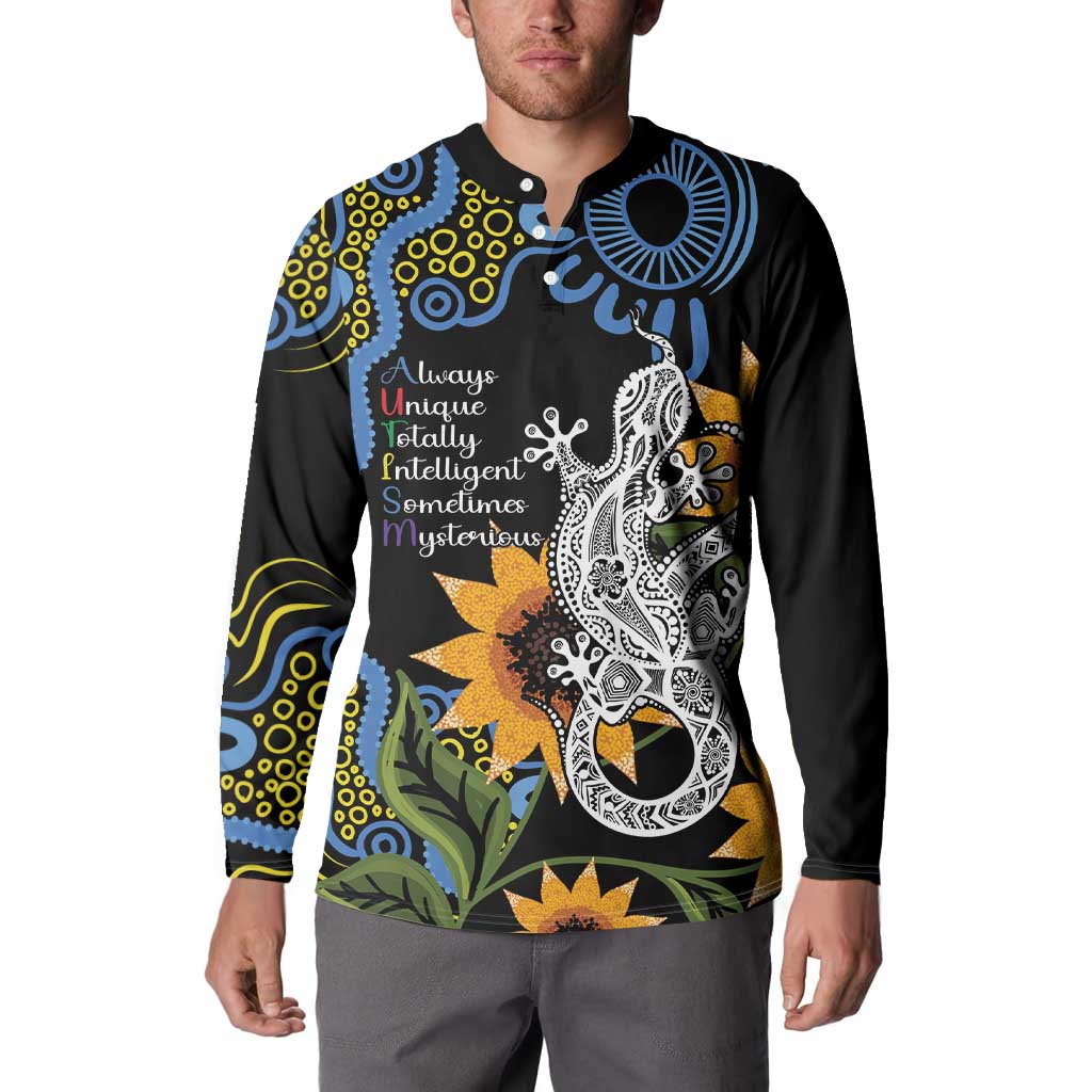 Australia Autism Awareness Button Sweatshirt Brave Strong Aussie Lizard Aboriginal Art