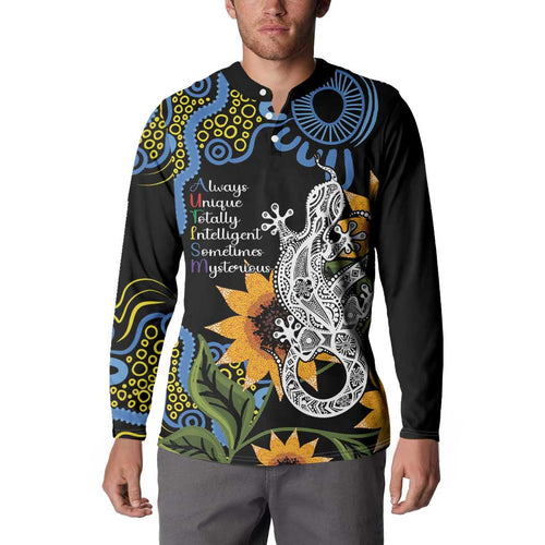 Australia Autism Awareness Button Sweatshirt Brave Strong Aussie Lizard Aboriginal Art