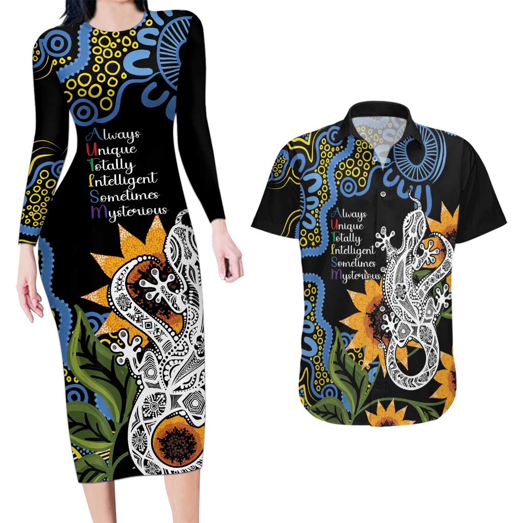Australia Autism Awareness Couples Matching Long Sleeve Bodycon Dress and Hawaiian Shirt Brave Strong Aussie Lizard Aboriginal Art