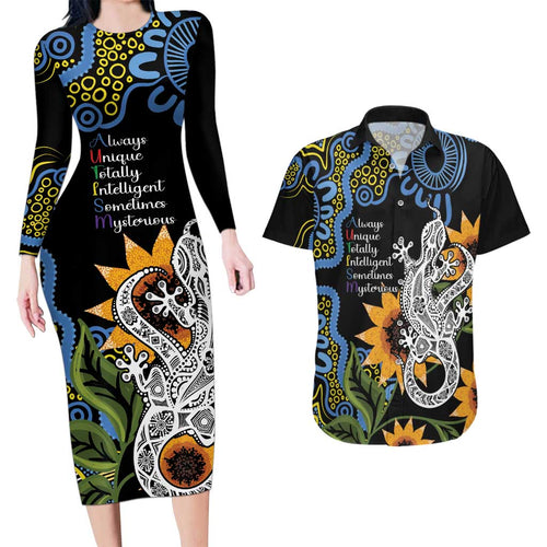 Australia Autism Awareness Couples Matching Long Sleeve Bodycon Dress and Hawaiian Shirt Brave Strong Aussie Lizard Aboriginal Art