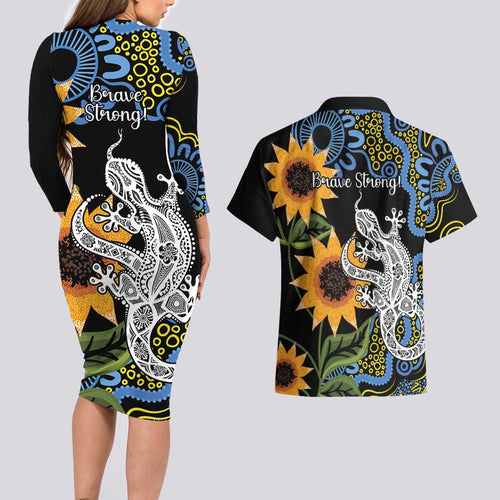 Australia Autism Awareness Couples Matching Long Sleeve Bodycon Dress and Hawaiian Shirt Brave Strong Aussie Lizard Aboriginal Art