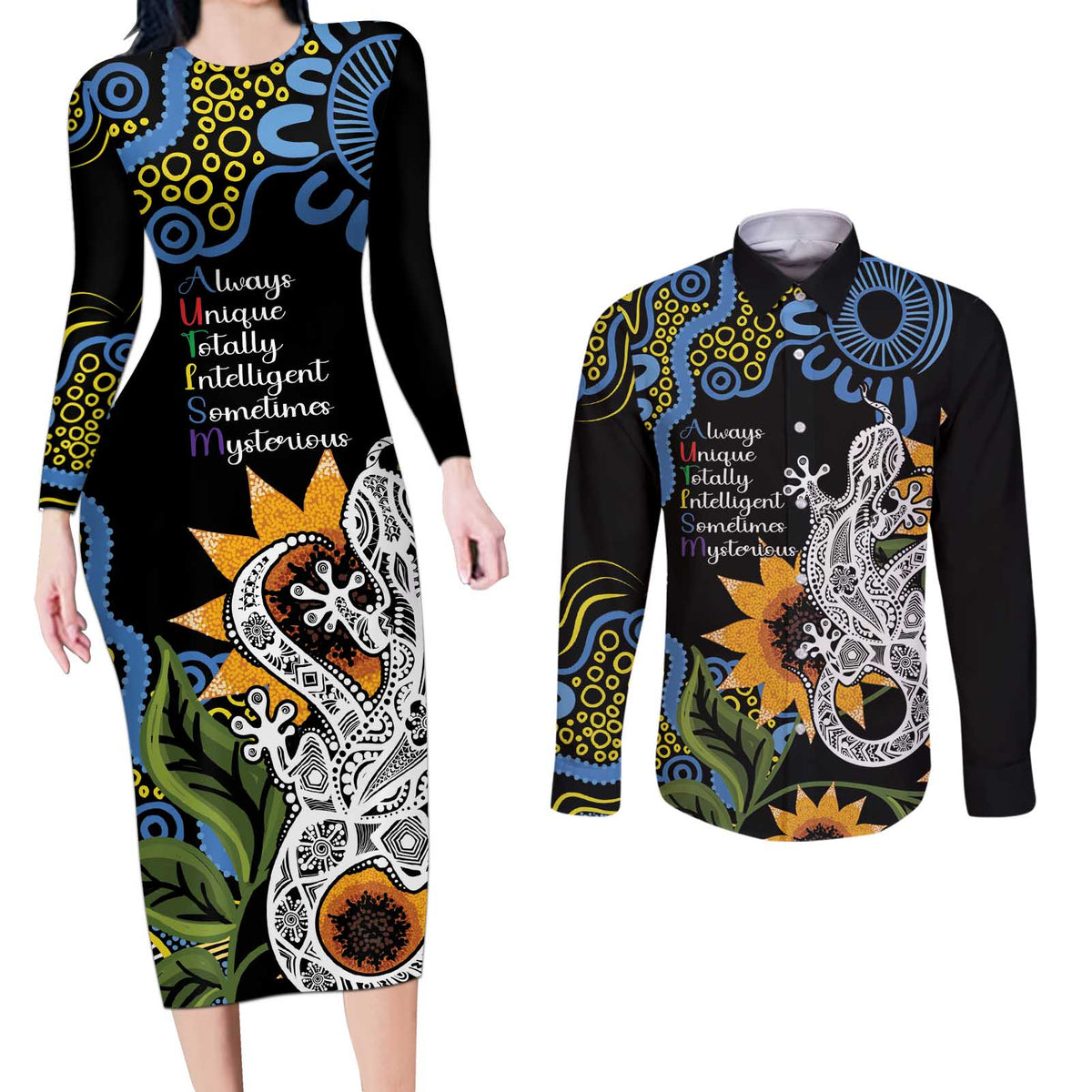 Australia Autism Awareness Couples Matching Long Sleeve Bodycon Dress and Long Sleeve Button Shirt Brave Strong Aussie Lizard Aboriginal Art