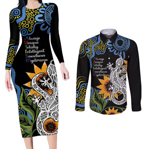 Australia Autism Awareness Couples Matching Long Sleeve Bodycon Dress and Long Sleeve Button Shirt Brave Strong Aussie Lizard Aboriginal Art