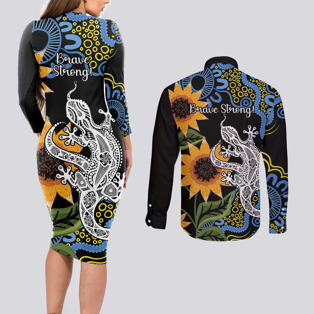 Australia Autism Awareness Couples Matching Long Sleeve Bodycon Dress and Long Sleeve Button Shirt Brave Strong Aussie Lizard Aboriginal Art