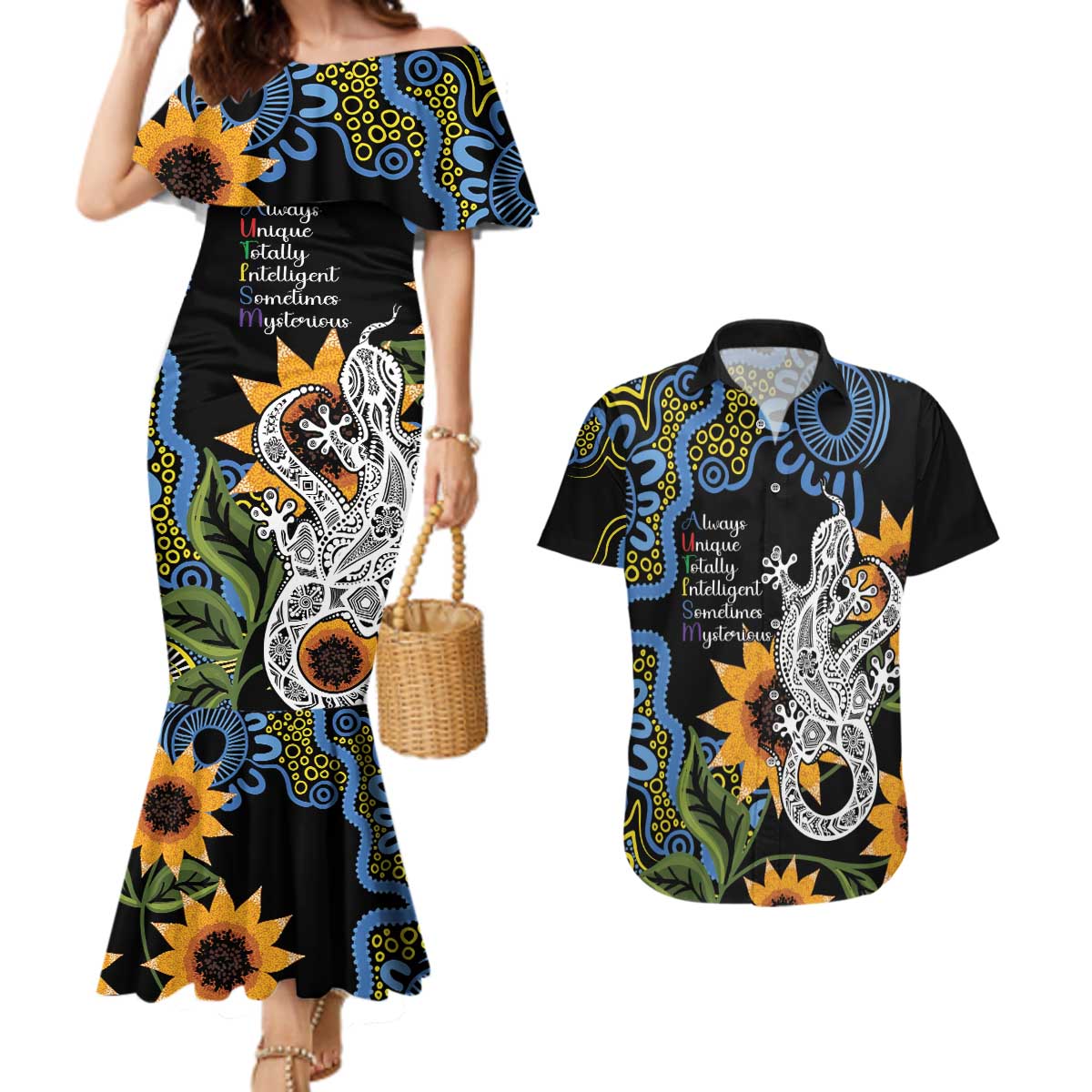 Australia Autism Awareness Couples Matching Mermaid Dress and Hawaiian Shirt Brave Strong Aussie Lizard Aboriginal Art