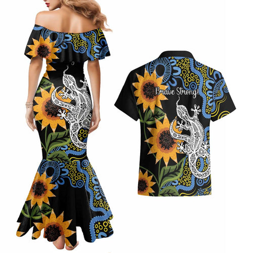 Australia Autism Awareness Couples Matching Mermaid Dress and Hawaiian Shirt Brave Strong Aussie Lizard Aboriginal Art