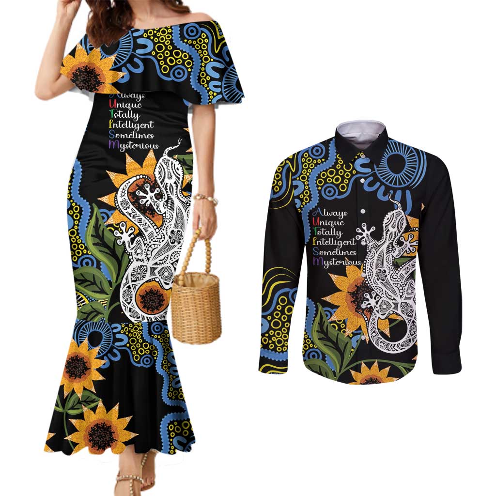 Australia Autism Awareness Couples Matching Mermaid Dress and Long Sleeve Button Shirt Brave Strong Aussie Lizard Aboriginal Art